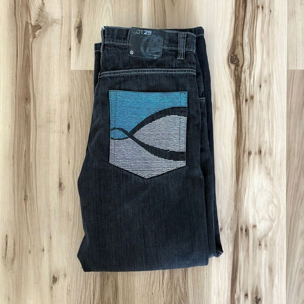 Lot 29 Black Gray Straight Leg Embroidered Y2K Jeans 100% Cotton Size 36